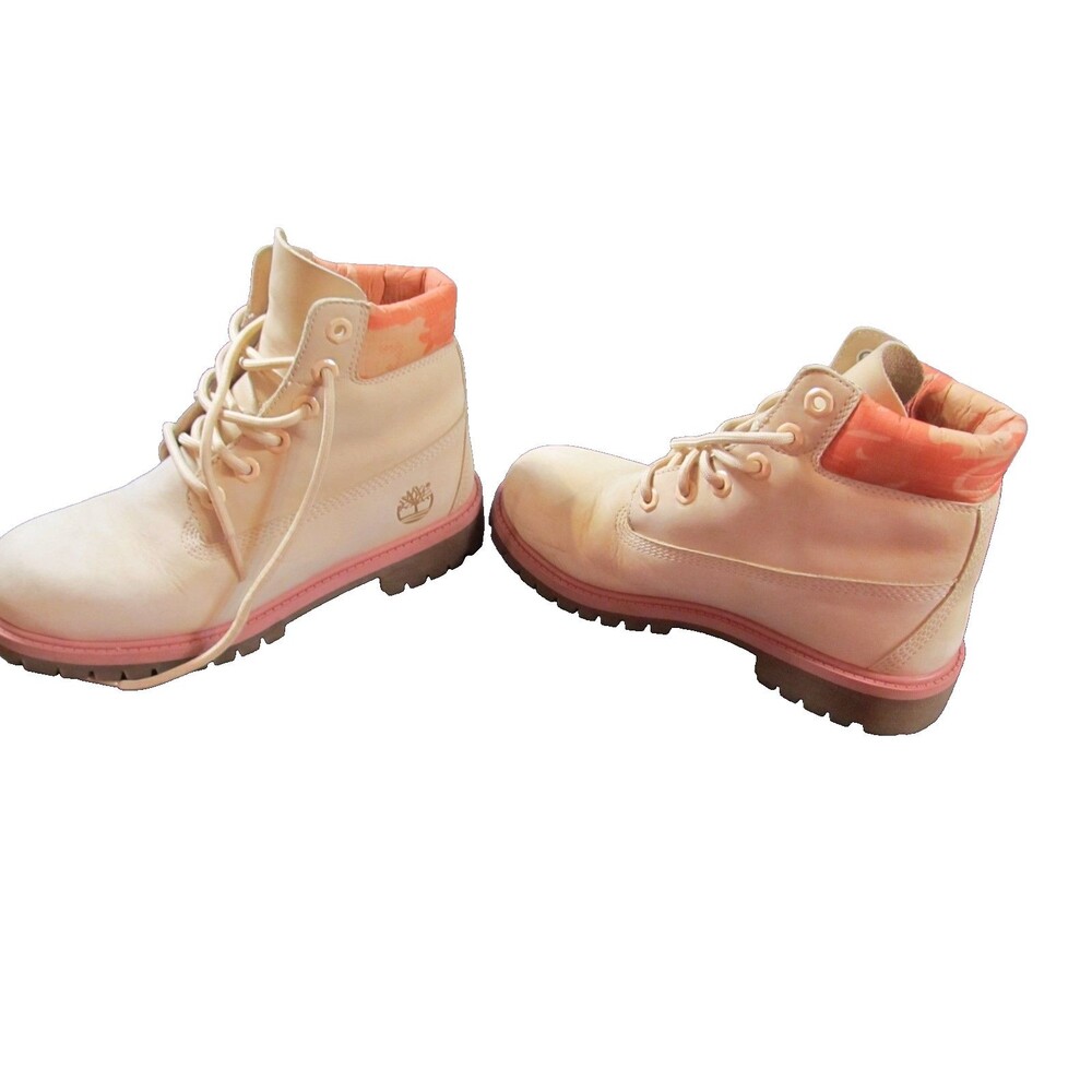 Timberland Kids Boots Size 4 Tan Leather Pink Orange Padded Collar - Picture 3 of 12